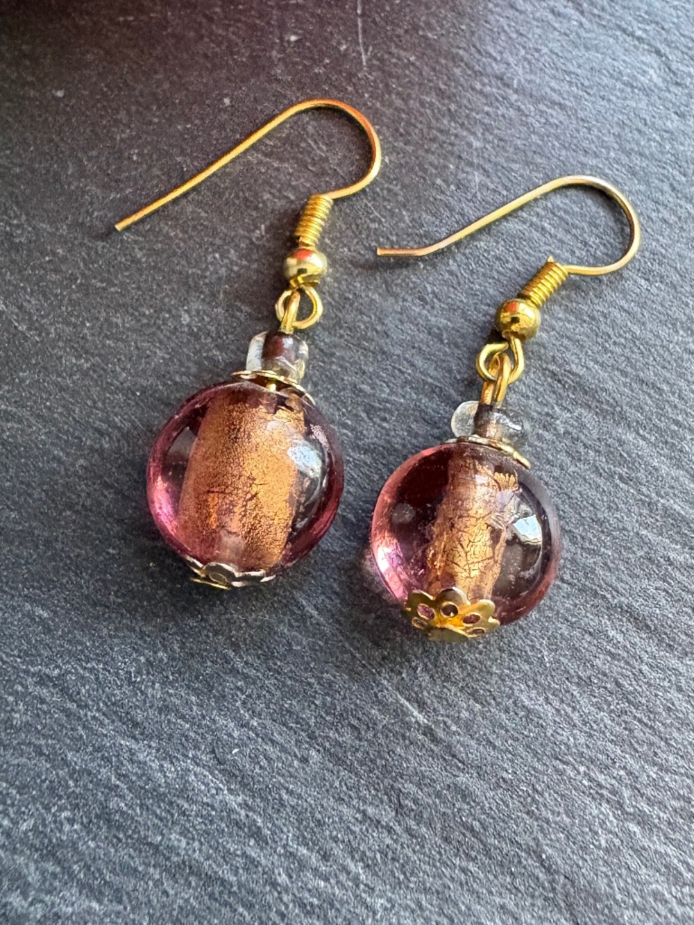 Vintage Murano Glass Gold Foil Earrings Pink Venetian Lampwork Drop Dangles - Picture 1 of 6
